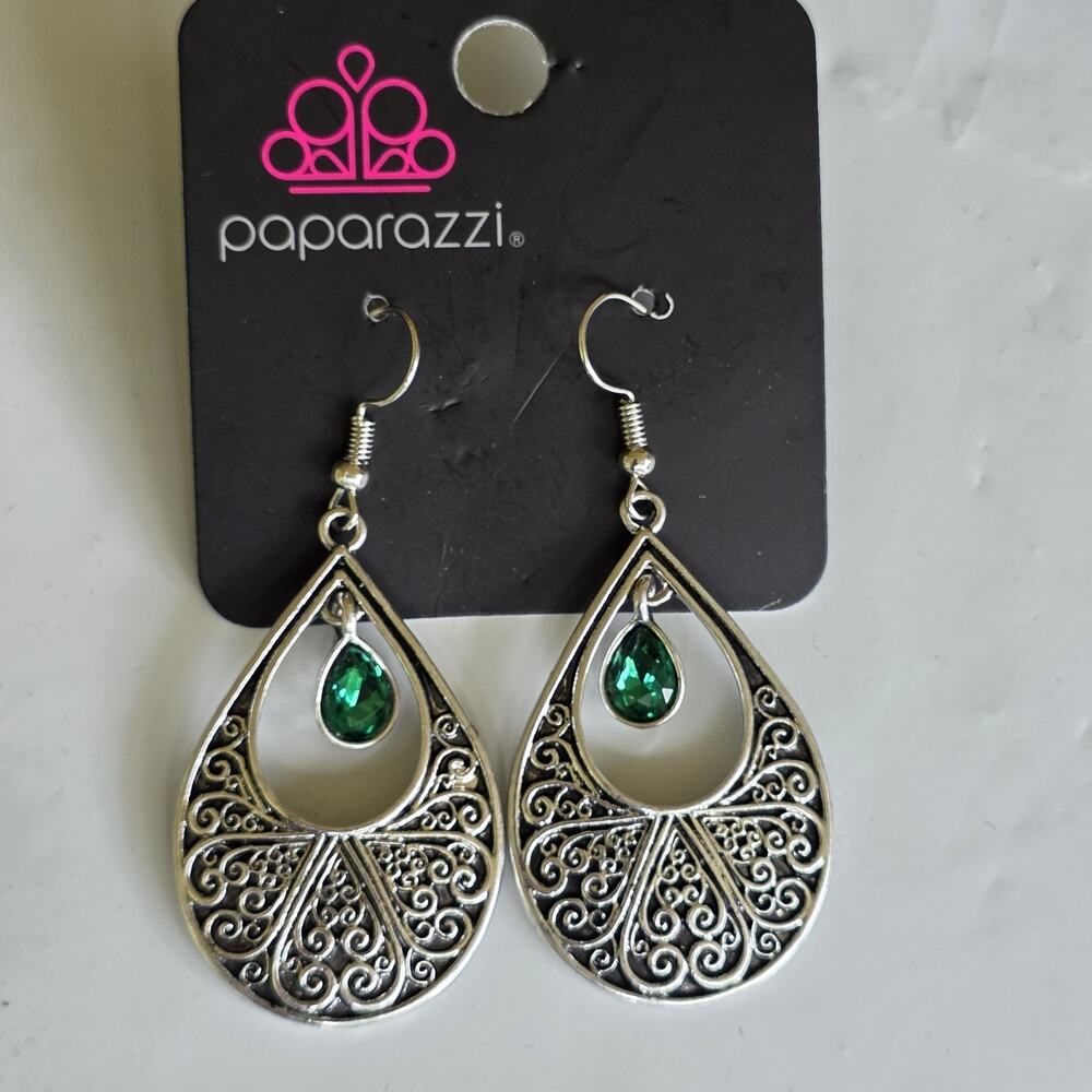 Paparazzi Silver Teardrop Earrings Green Crystal Filigree Dangle Boho